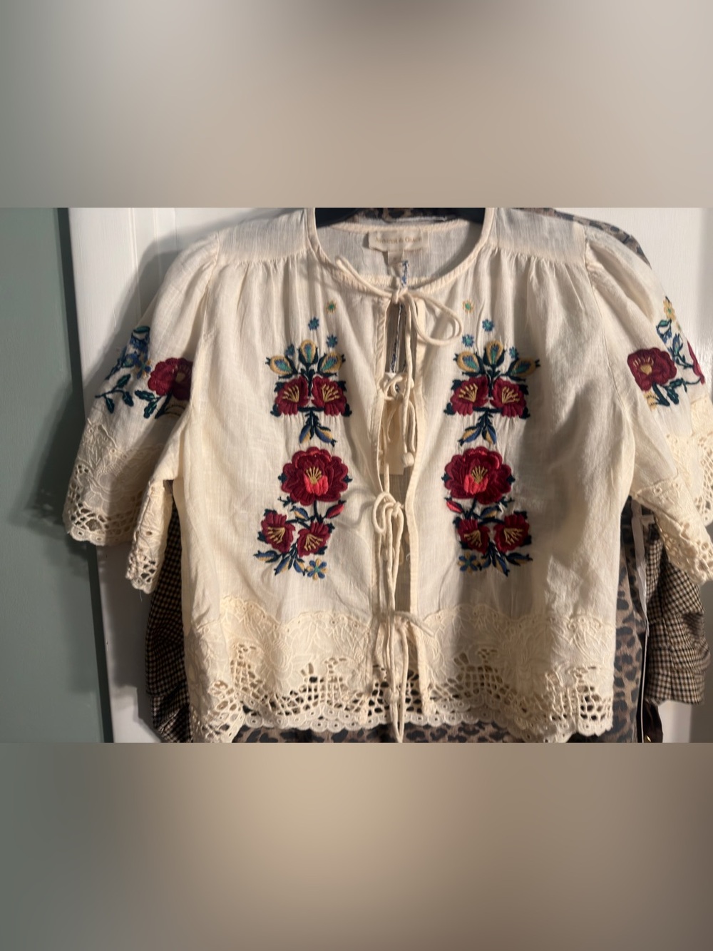 Embroidered Ivory Floral Tie-Front Top NWT